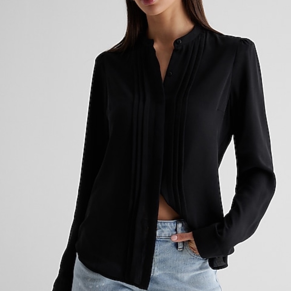 Express Black Relaxed Pleated Solid Portofino Button Long Sleeves Blouse Top XS